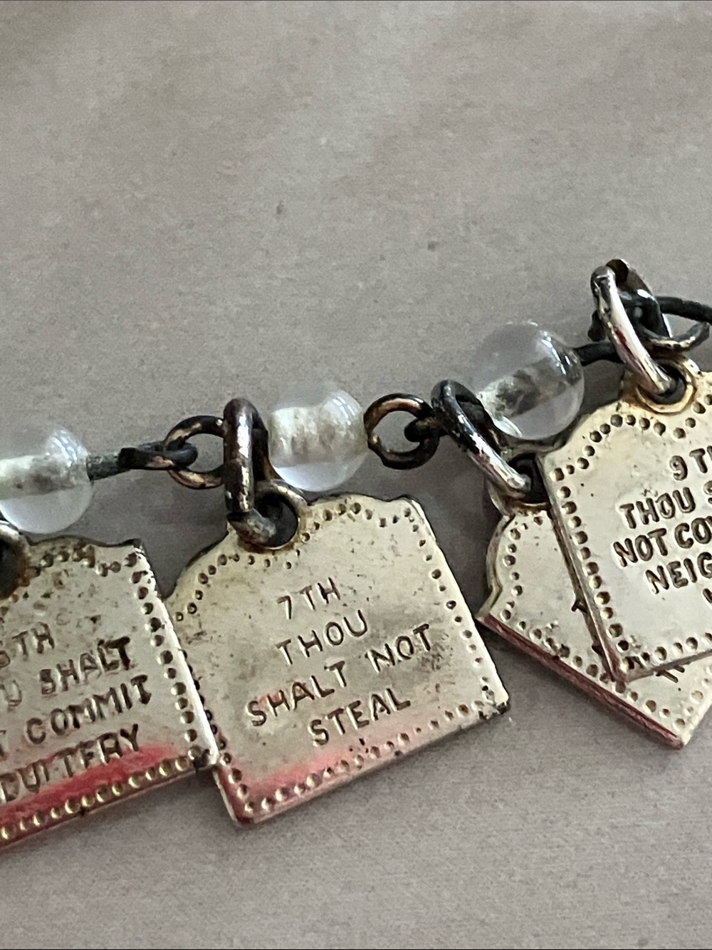 Vintage 1970s Ten Commandments Charm Bracelet Silver Tone Small Wrist